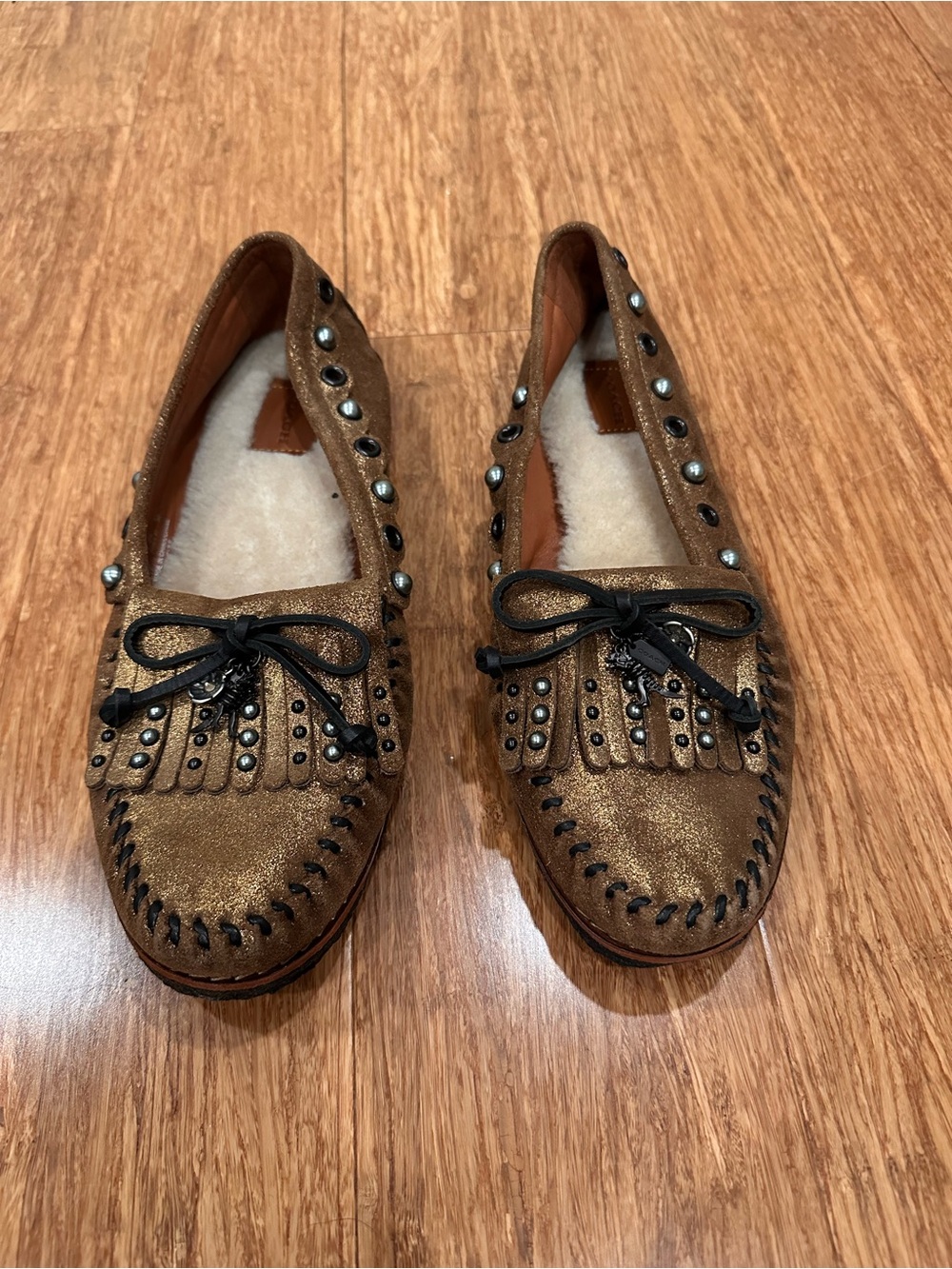 Coach Metallic Bronze Studded Moccasin Flats